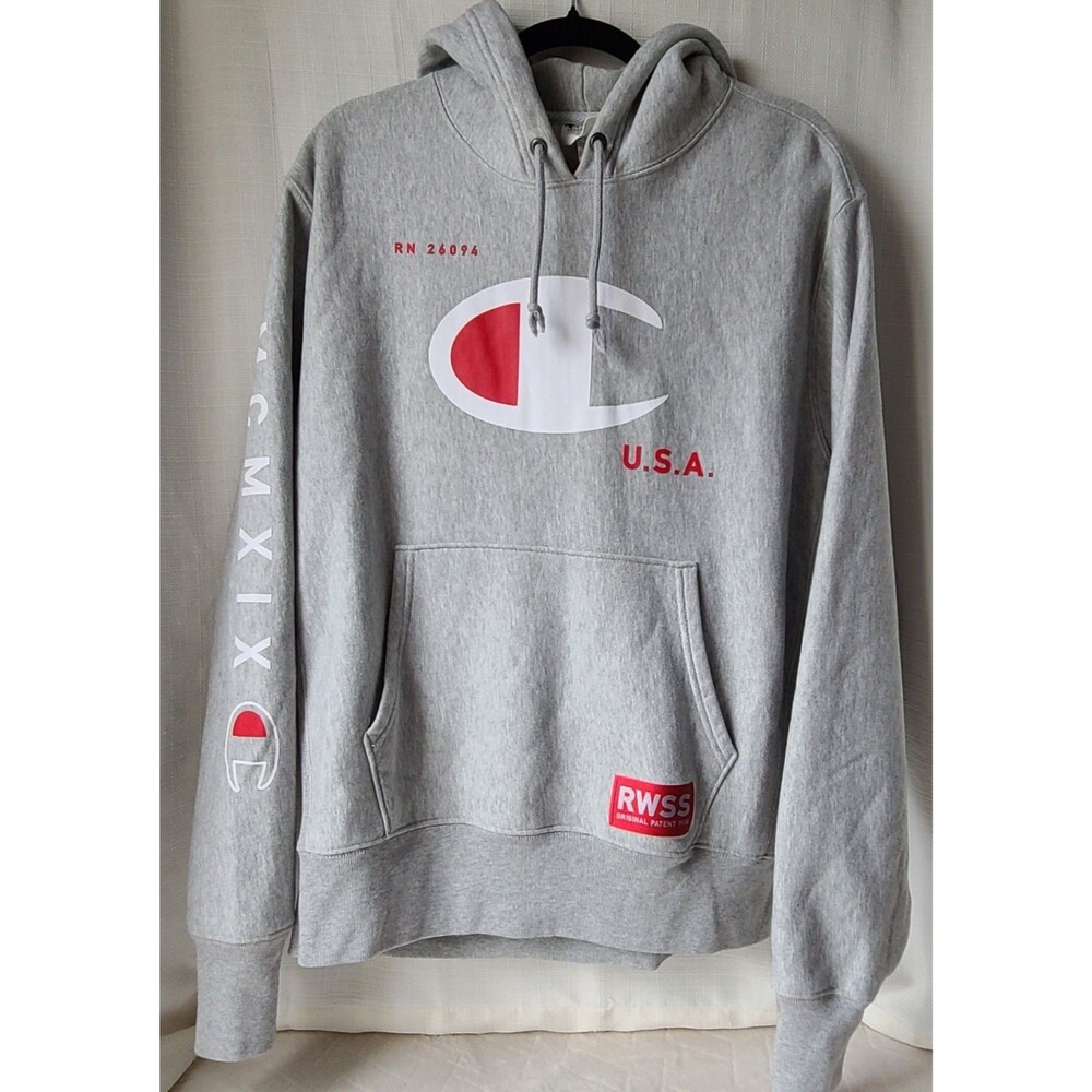 Champion Reverse Weave Hoodie Mens L Gray USA Big Logo Spellout Sleeve Pullover